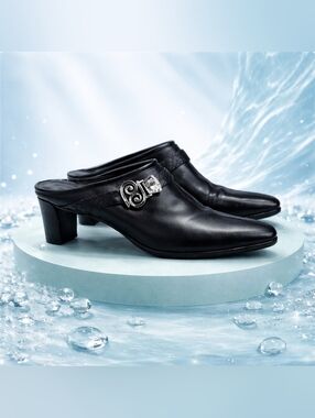 Brighton Black Tapa Heeled Slip-On Mules Sz 7 Gently Worn Excellent Condition